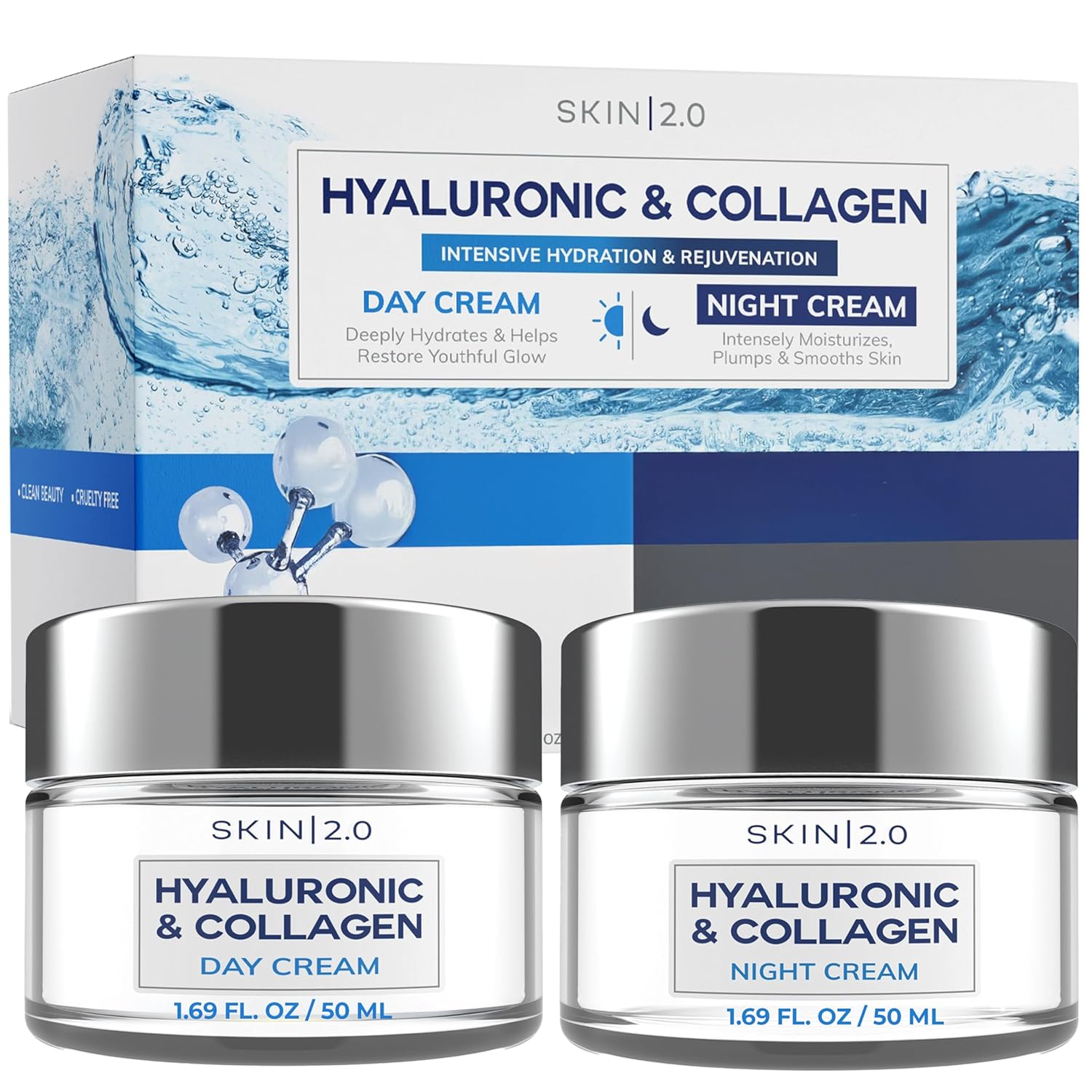 Hyaluronic Acid & Collagen Day & Night Face Moisturizer – Dermatologist Tested, Hydrating, Anti-Aging, Clean Beauty, Cruelty-Free, Korean Skincare for All Skin Types – 1.69 Fl oz (2-Pack)